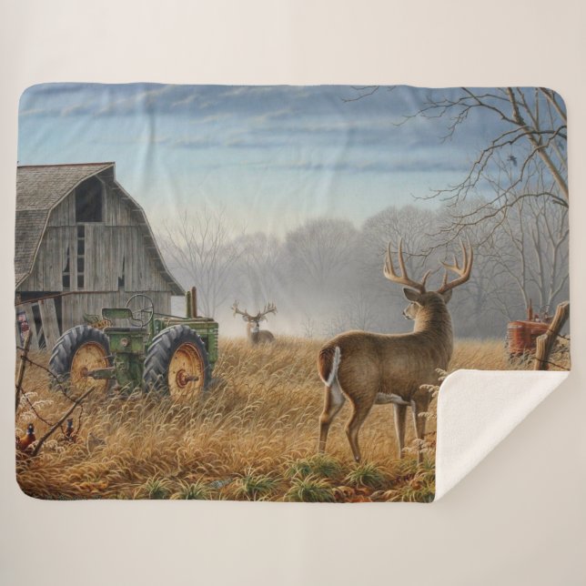 Big Buck  Deer Showdown On The Farm Sherpa Blanket (Front (Horizontal))