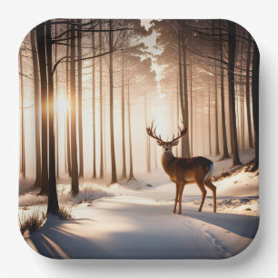 Big Buck In Winter Forest Paper Plate