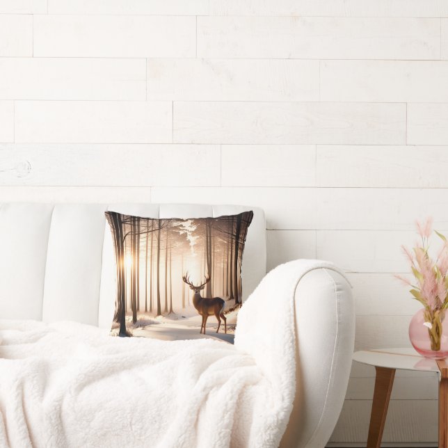 Big Buck In Winter Forest Throw Pillow (Couch)