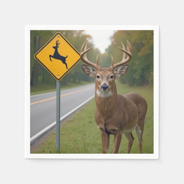 Big Buck Posing By a Deer Crossing Sign Napkin (Front)