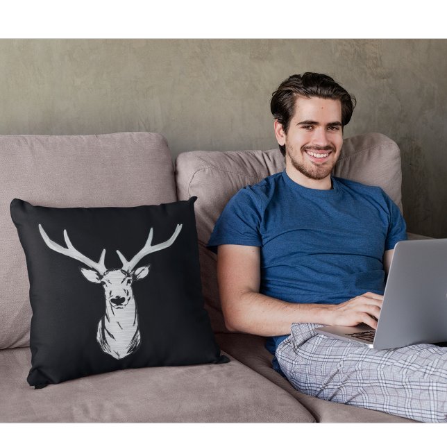 Big Buck Silver Deer Black Modern Men's Throw Pillow (Silver Buck Black Sleek and Modern pillow for the bachelor in your life.)