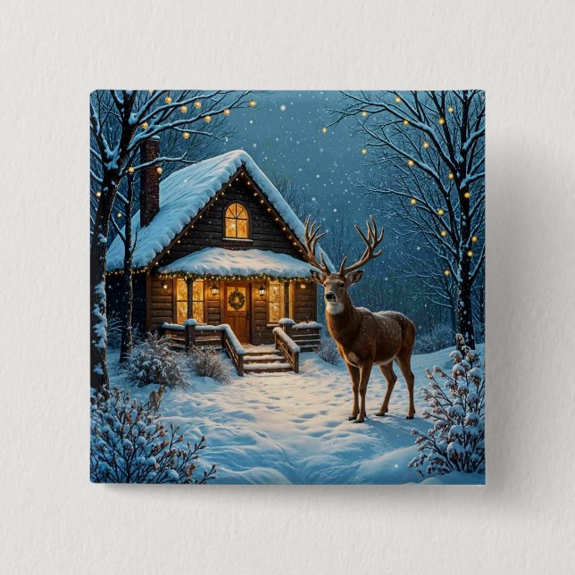  Big Buck's Snowy Christmas Visit 2 Inch Square Button (Front)