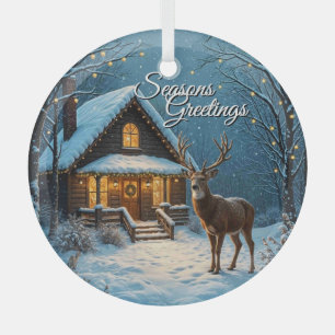 Big Buck's Snowy Christmas Visit Custom Script Glass Ornament