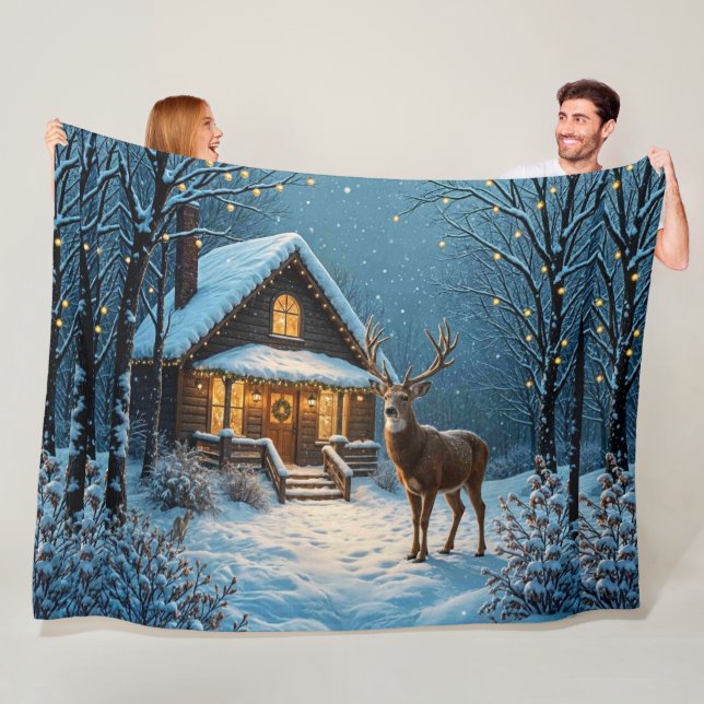  Big Buck's Snowy Christmas Visit Fleece Blanket (In Situ)