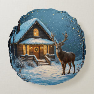 Big Buck's Snowy Christmas Visit Round Pillow