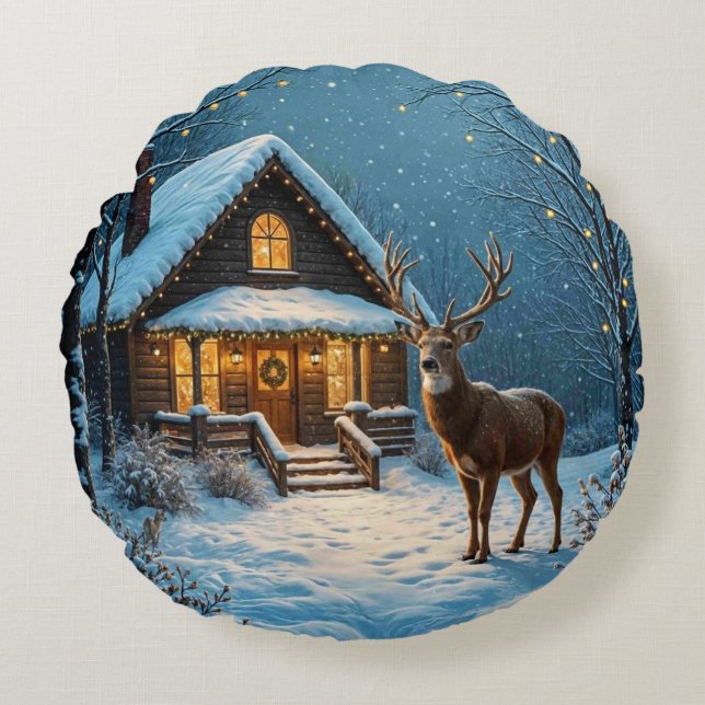  Big Buck's Snowy Christmas Visit Round Pillow (Front)