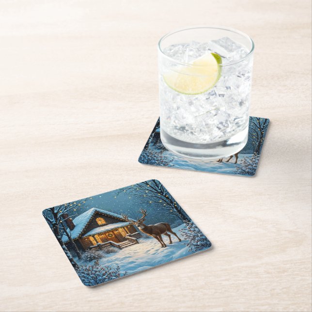  Big Buck's Snowy Christmas Visit Square Paper Coaster (Insitu)