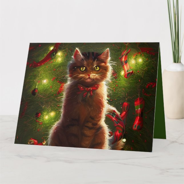 Big Cat And A Christmas Tree Greeting Card (Front)