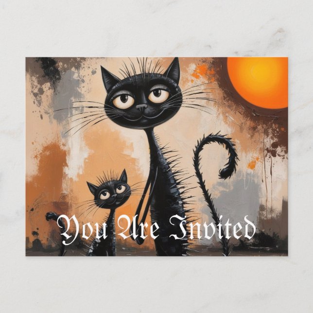 Big Cat Little Cat Halloween  Invitation Postcard (Front)