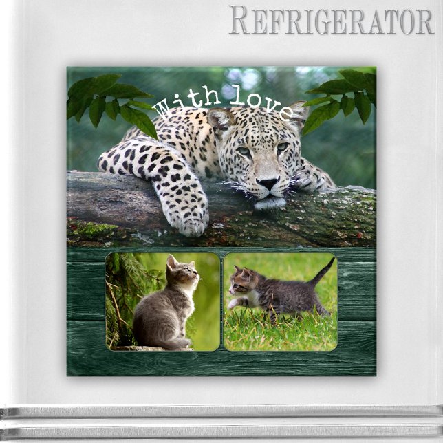 Big Cat personnalisé Votre animal Photos Magnet (Photo magnet featuring a lovely big cat resting on a tree branch overlooking your personal photos)