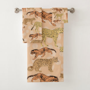 Big Cats On Peach Polka Dots Bath Towel Set