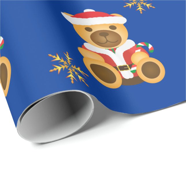 Big Christmas Teddy Bears & Gold Glitter Stars Wrapping Paper (Roll Corner)