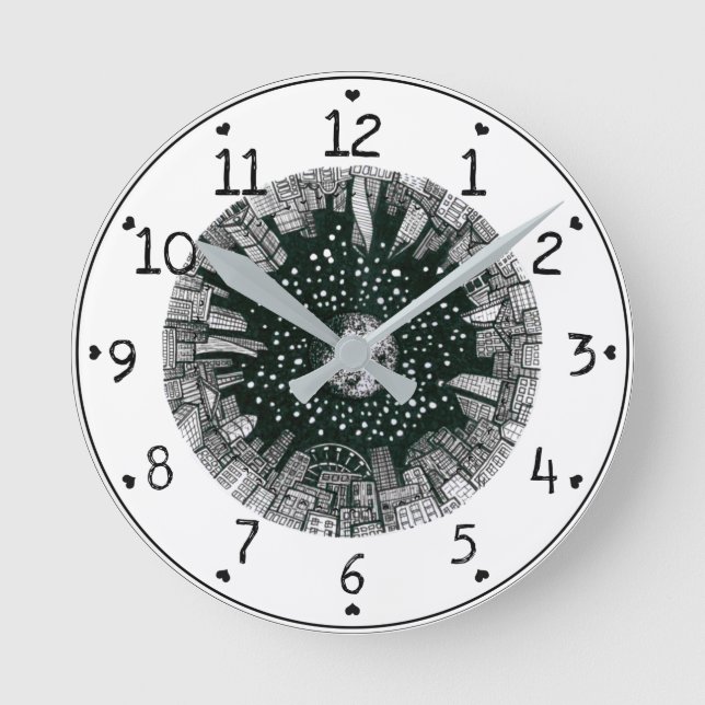 Big city under the moon black&white  round clock (Front)