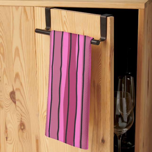 Big Colour Pop Hot Pink and Black Stripes Kitchen Towel (Thirds Fold)