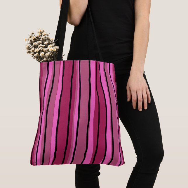 Big Colour Pop Hot Pink and Black Stripes Tote Bag (Close Up)