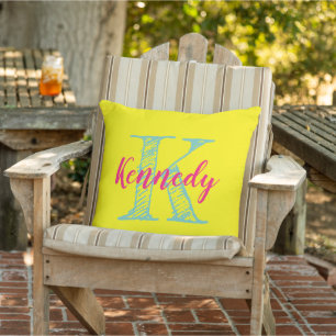 Big colourful custom family name monogram yellow outdoor pillow