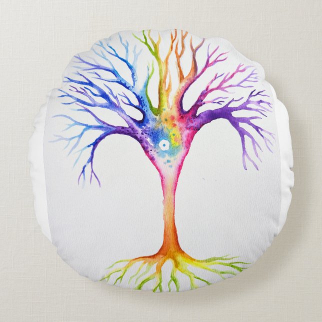 Big colourful neuronal tree round pillow (Front)