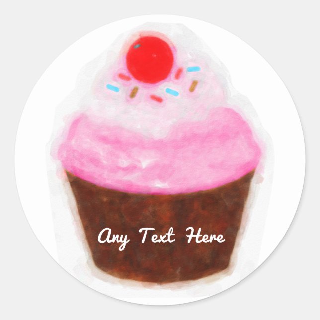 Big Cupcake & Cherry Watercolor Party Favour Classic Round Sticker (Front)