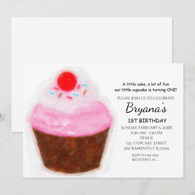 Big Cupcake & Cherry Watercolor Party Invitations (Front/Back)