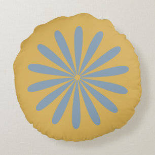 Big Daisy Retro Minimal Flower Light Blue Mustard Round Pillow