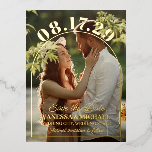 Big Date Simple Gold Foil Arch Save the Date Foil Invitation Postcard (Front)