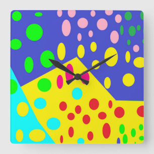 Big dots on yellow blue purple red green design square wall clock