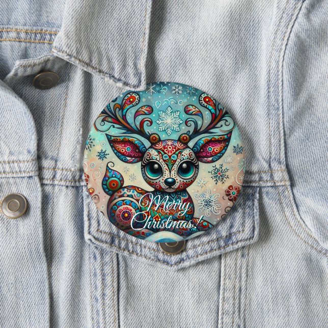 Big Eye Christmas Reindeer Folk Art Personalized 4 Inch Round Button (In Situ)