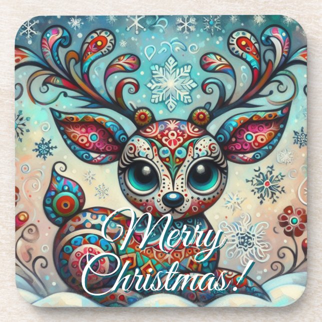 Big Eye Christmas Reindeer Folk Art Personalized Coaster (Front)