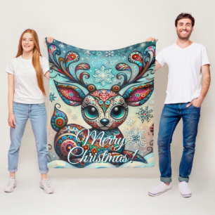 Big Eye Christmas Reindeer Folk Art Personalized Fleece Blanket