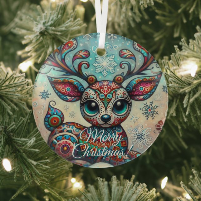 Big Eye Christmas Reindeer Folk Art Personalized Glass Ornament (Insitu)