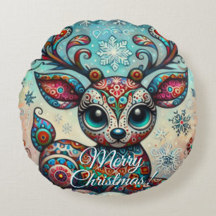 Big Eye Christmas Reindeer Folk Art Personalized Round Pillow
