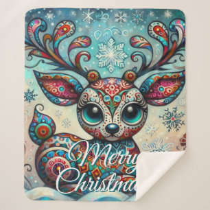Big Eye Christmas Reindeer Folk Art Personalized Sherpa Blanket