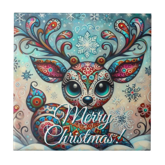 Big Eye Christmas Reindeer Folk Art Personalized Tile (Front)