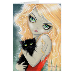 Big Eye Girl with Black Cat Card