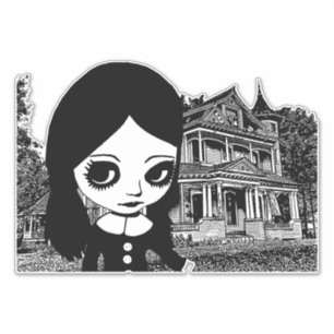 Big eye Goth girl Haunted house Original art