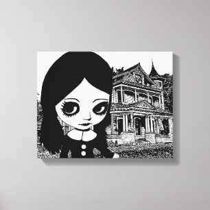 Big eye Goth girl Haunted house Original art  Canvas Print