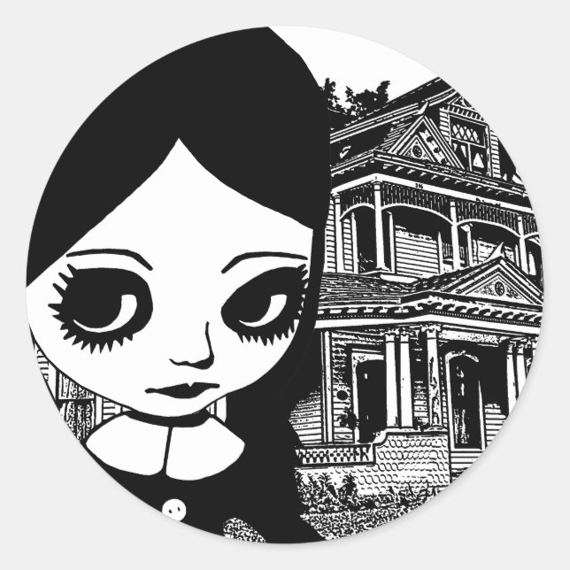 Big eye Goth girl Haunted house Original art   Classic Round Sticker (Front)