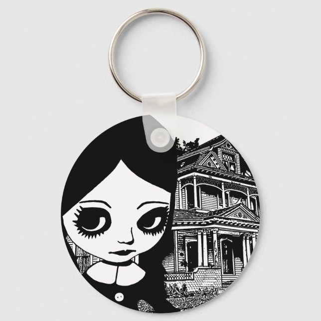 Big eye Goth girl Haunted house Original art   Keychain (Front)