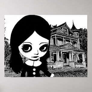 Big eye Goth girl Haunted house Original art Poster