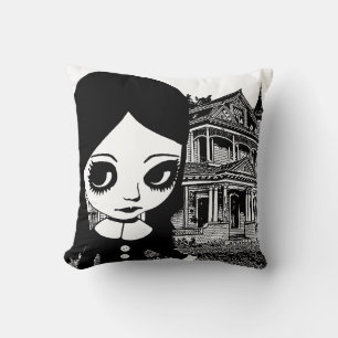 Big eye Goth girl Haunted house Original art  Throw Pillow