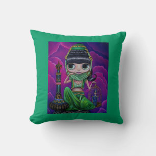 Big Eye Green Genie Girl and magic bottle Throw Pillow