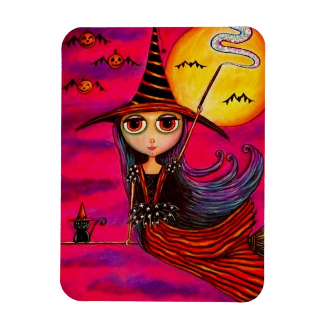 Big Eye Halloween Witch Girl in Stripes Black Cat Magnet (Vertical)