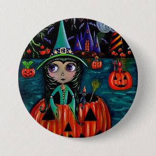 Big Eye Halloween Witch Girl Riding in a Pumpkin 3 Inch Round Button