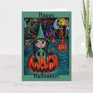Big Eye Halloween Witch Girl Riding in a Pumpkin Card