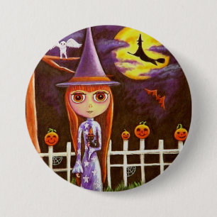 Big Eye Halloween Witch Pumpkins on Fence Owl 3 Inch Round Button