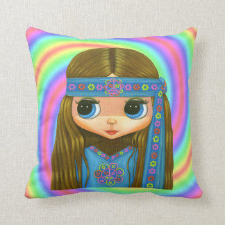 Big Eye Hippie Doll Girl in Blue Headband Throw Pillow