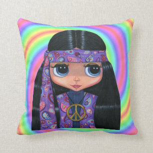 Big Eye Hippie Girl in Purple Paisley Throw Pillow
