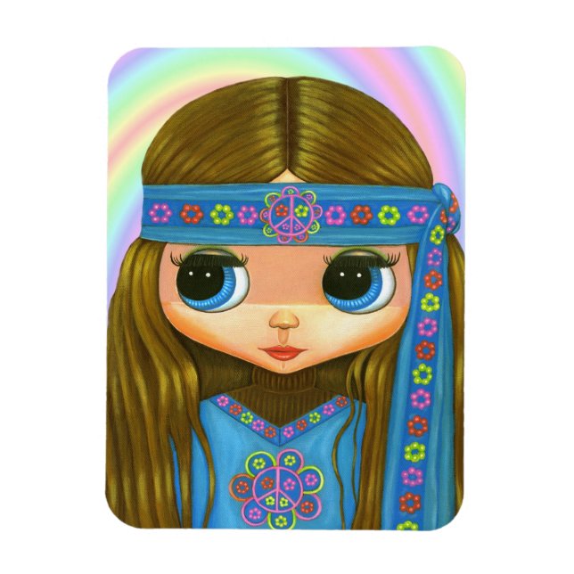 Big Eye Hippie Girl Peace Sign Flower Power '60s Magnet (Vertical)