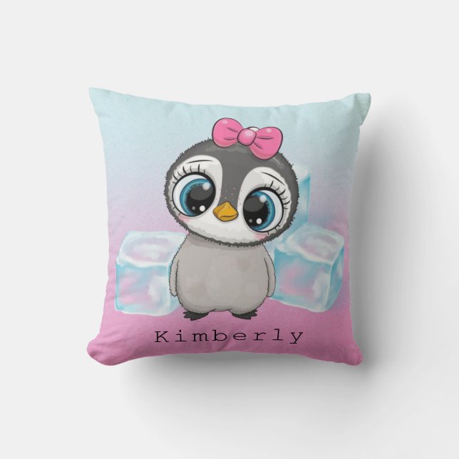 Big Eye Penguin with Pink Bow Custom Throw Pillow (Front)