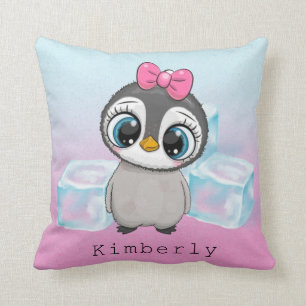 Big Eye Penguin with Pink Bow Custom Throw Pillow